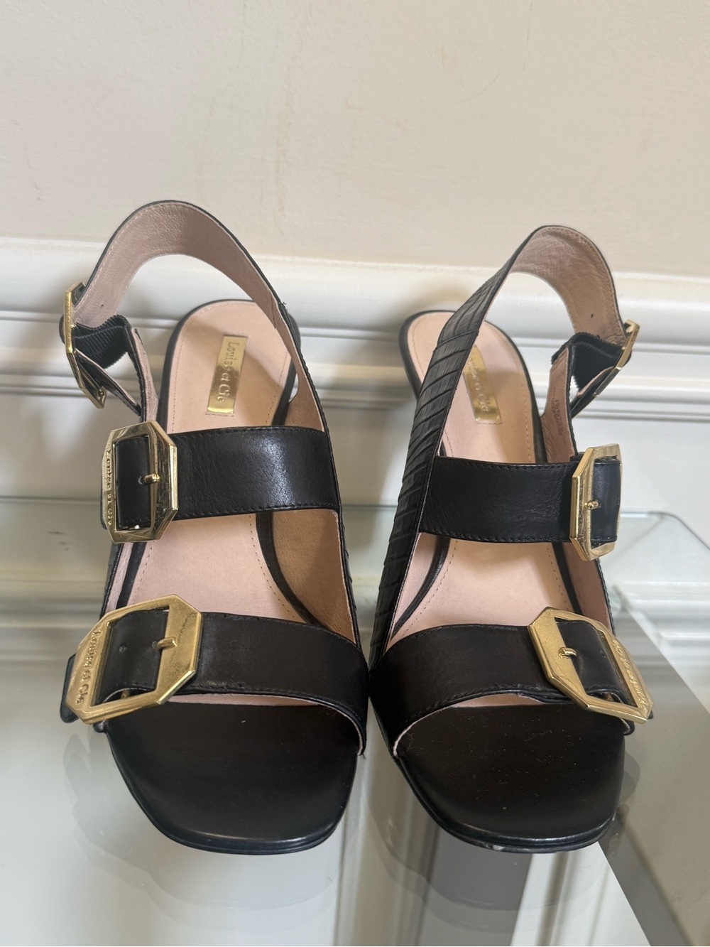 Louise et Cie Black Leather Triple Buckle Slingback Sandals